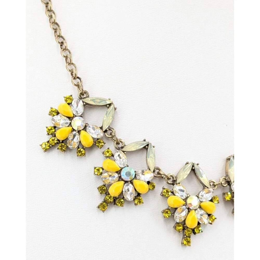LOFT Statement Necklace Yellow Green Rhinestone Floral Gold Tone Resin 19 Inch
